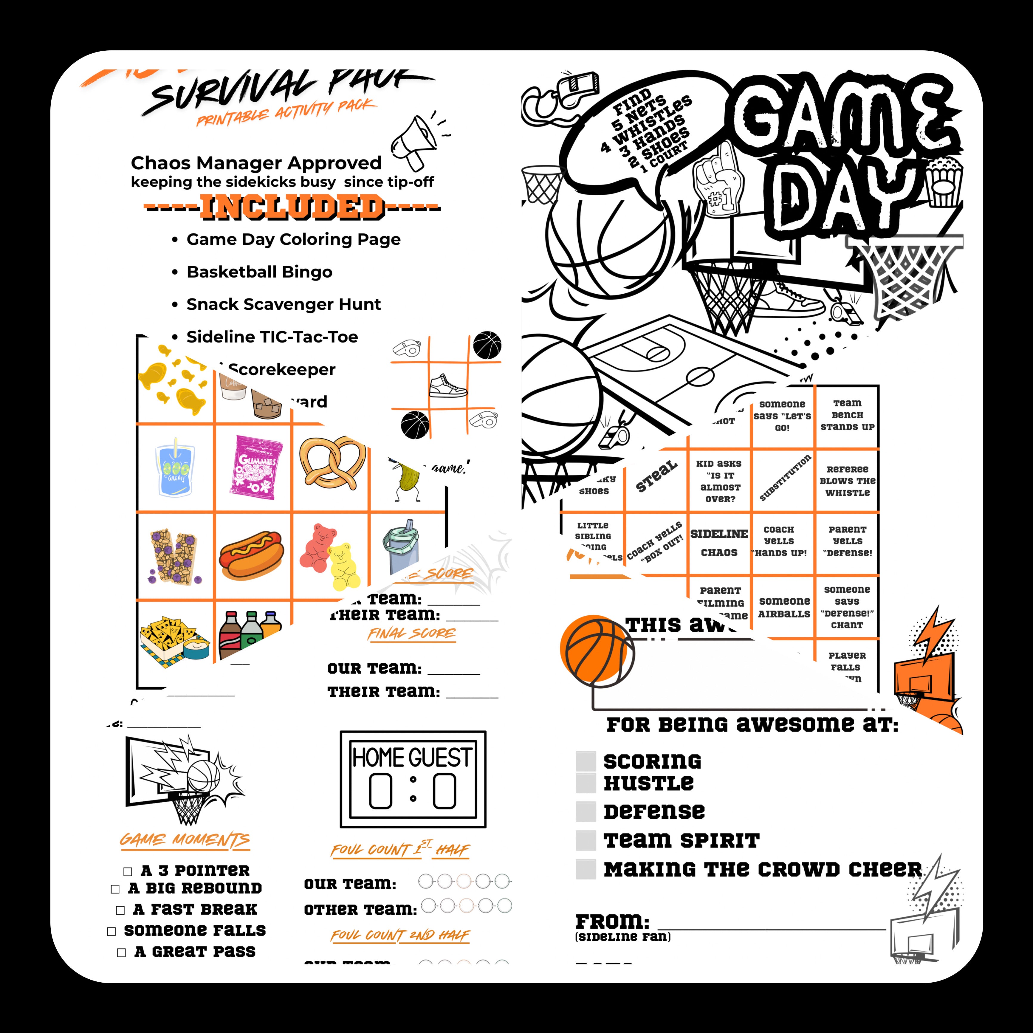 Basketball Sidelines kids Survival pack-Printable Game Day Activity Kit