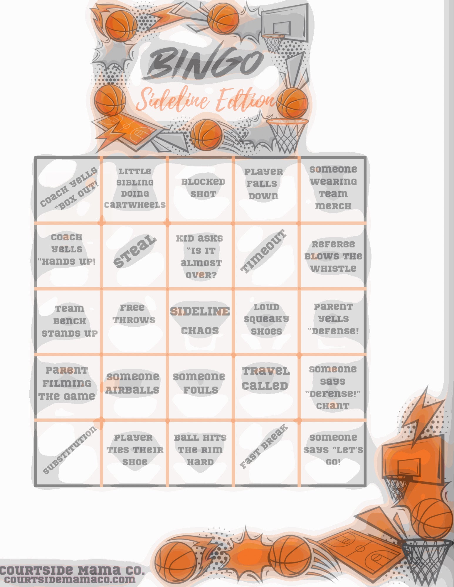 Basketball Sidelines kids Survival pack-Printable Game Day Activity Kit