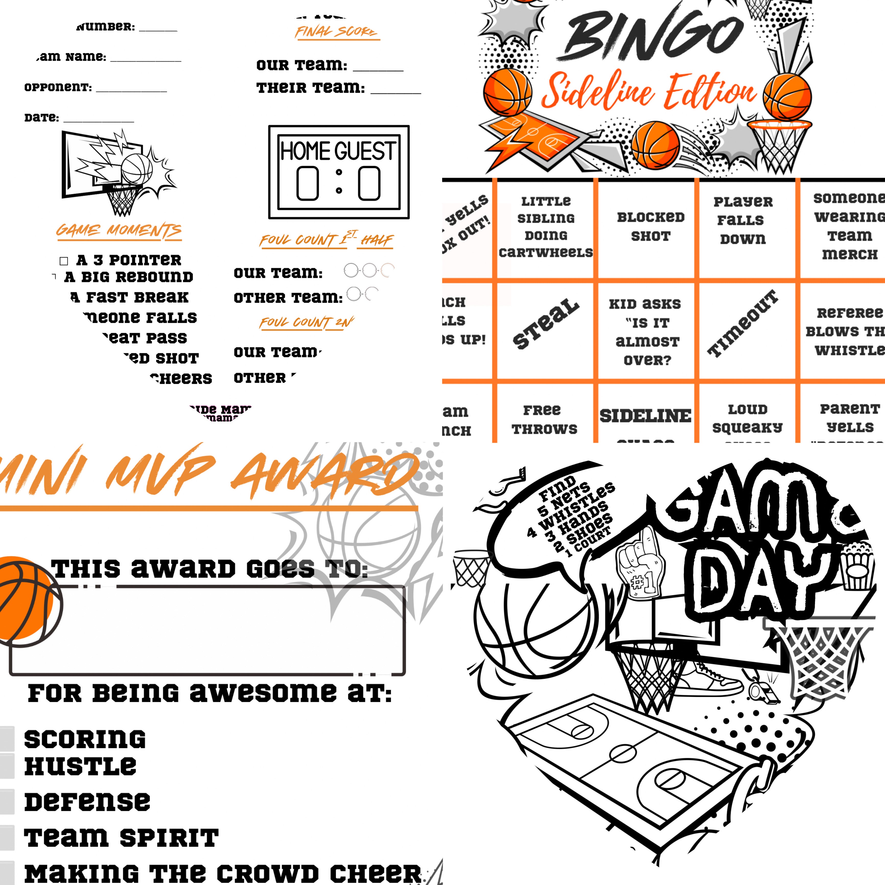 Basketball Sidelines kids Survival pack-Printable Game Day Activity Kit