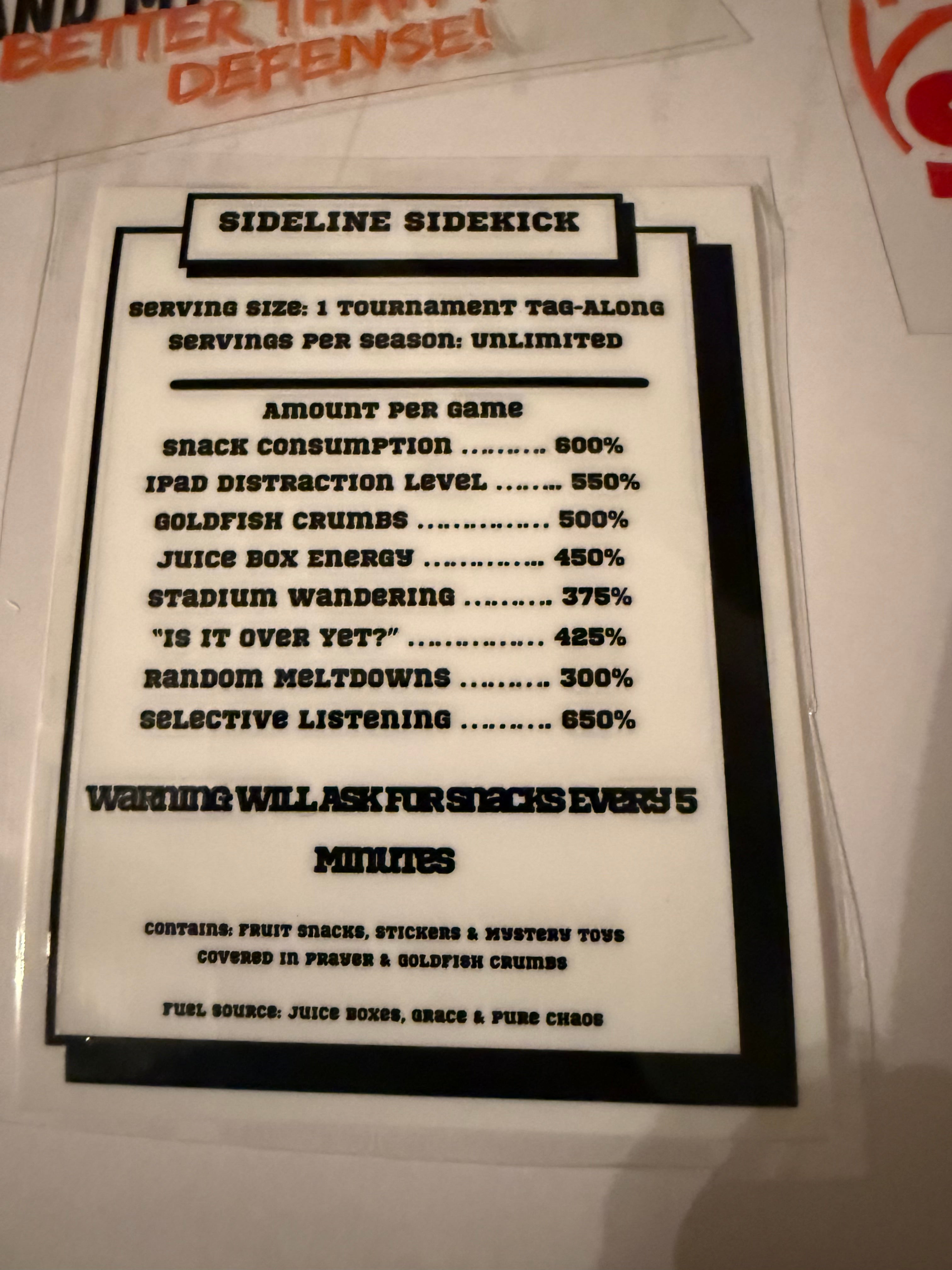 Sideline Sidekick Nutrition Label  Sideline Sidekick Sticker | Funny Sports Mom Nutrition Label Sticker
