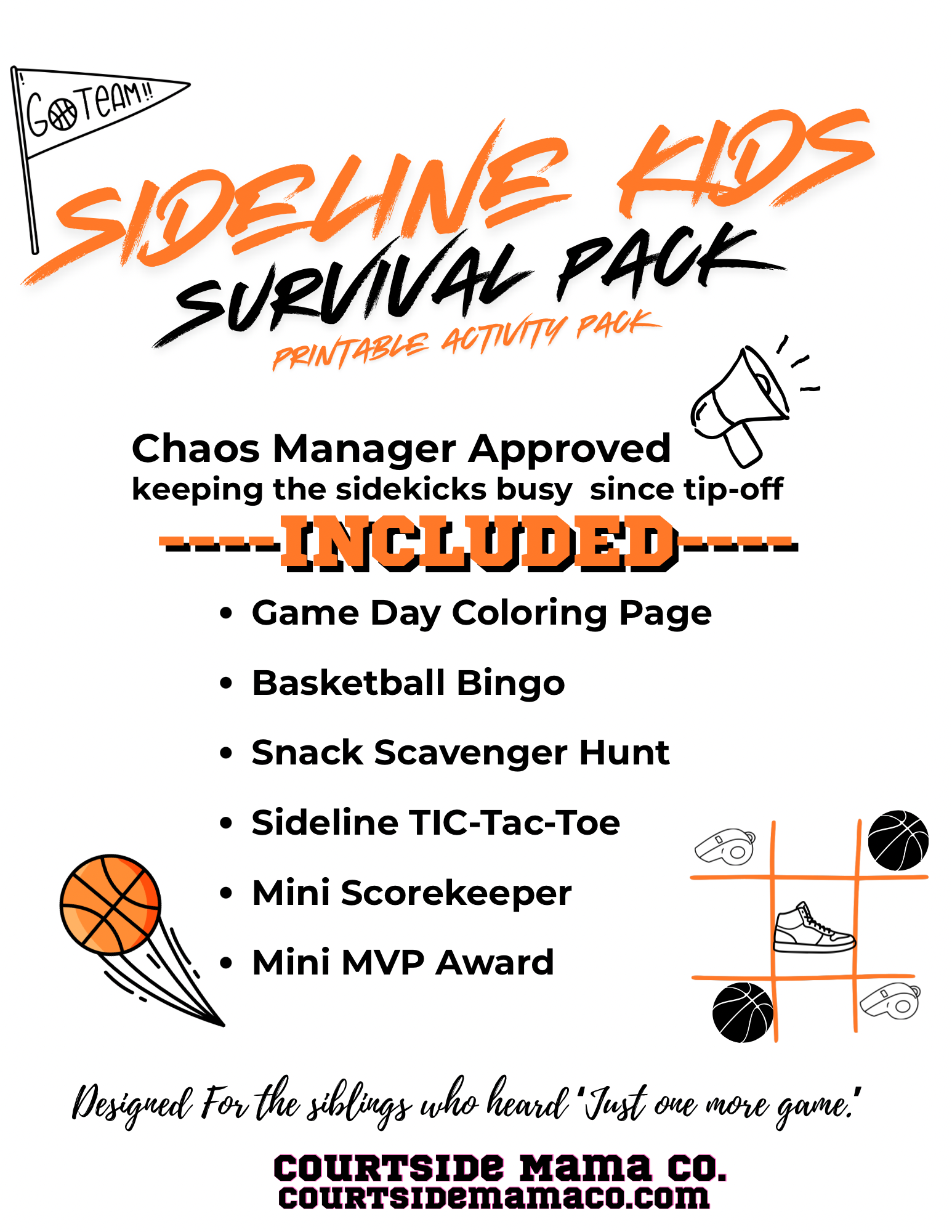 Basketball Sidelines kids Survival pack-Printable Game Day Activity Kit